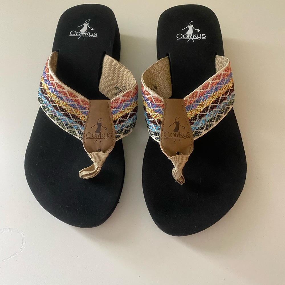 Corkys Black Sandals with Multicolor Woven Straps